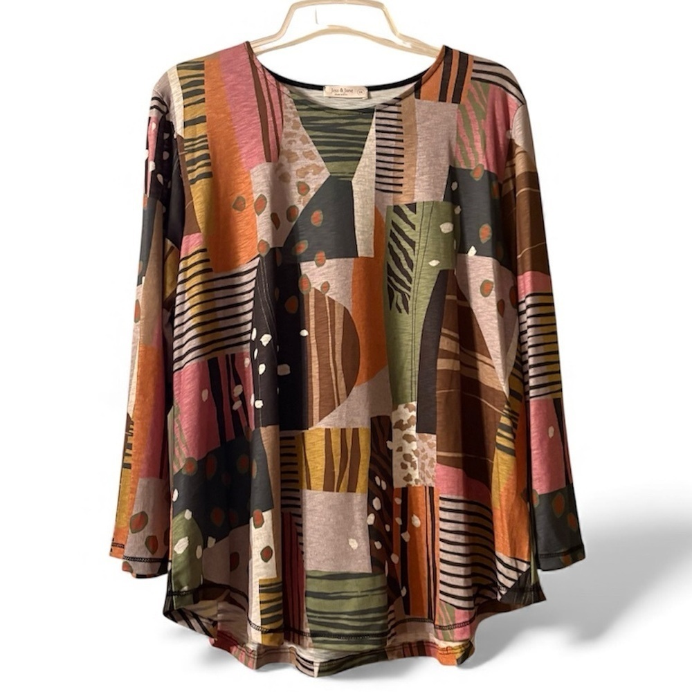 Jess & Jane Abstract Patchwork Women's Tunic Top Large Geometric Colorful - Picture 2 of 6